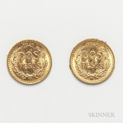 Two 1945 Mexican 2 Pesos Gold Coins. Estimate $100-200