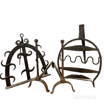 Two Wrought Iron Roasters and a Pair of Andirons. Estimate $250-350