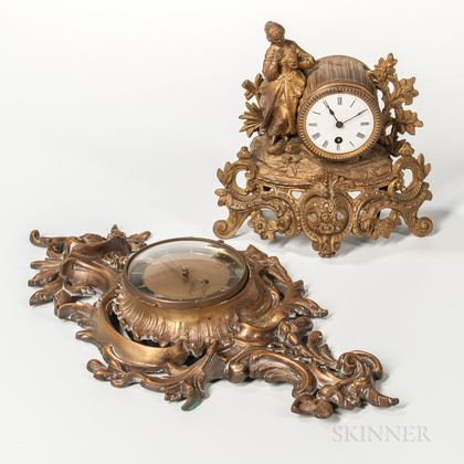 Louis XV-style Gilt-brass Cartel Clock and a Gilt-brass Figural Mantel Clock