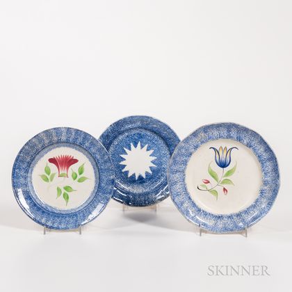 Three Small Blue Spatterware Plates
