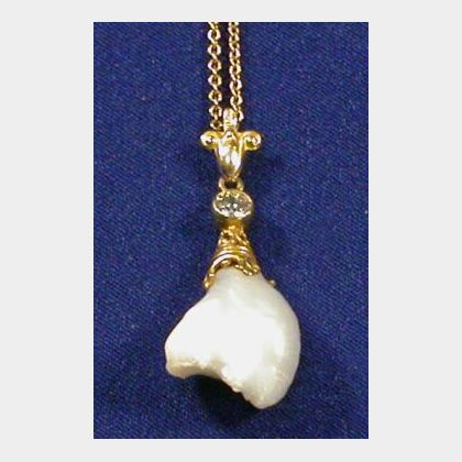 14kt Gold, Diamond and Freshwater Pearl Pendant Necklace