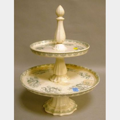 Staffordshire Blue/Gray and White Transfer Decorated Two-Tier Pastry Stand