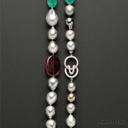 Tahitian Pearl and Emerald and Rubellite Bead Longchain, Christopher Walling