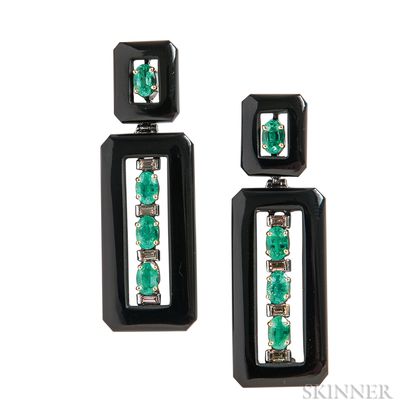 Onyx, Emerald, and Diamond Earrings
