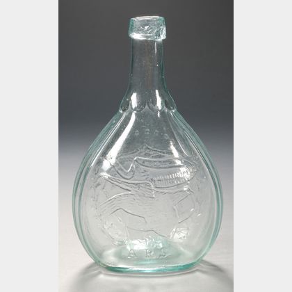 Pale Aqua Masonic Clasped Hands/Eagle Historical Blown Molded Glass Bottle
