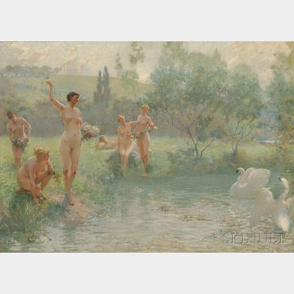 Herbert F. Denman (American, 1855-1903) Nymphs with Swans