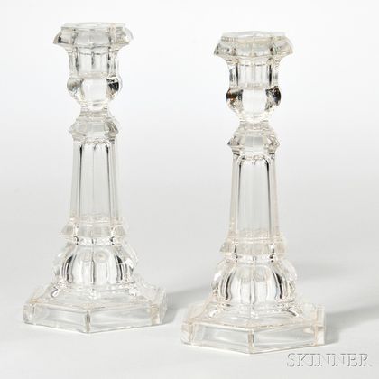 Pair of Colorless Pressed Glass Columnar Candlesticks