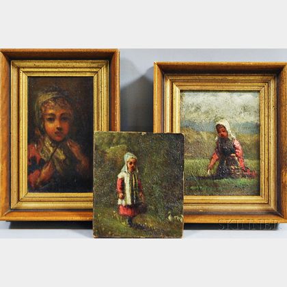 George Niles (American, 1837-1898) Three Paintings: Girl with Geese , Kneeling Girl