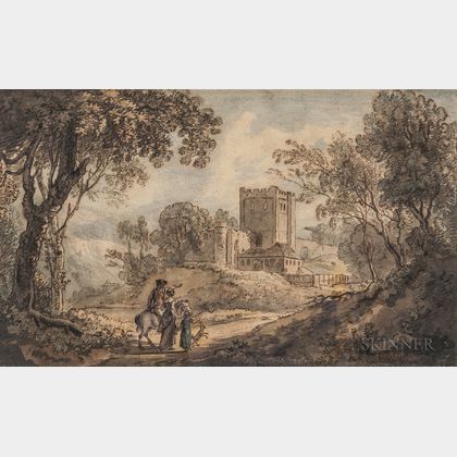 British School, 17th/18th Century Landscape with Castle and Foreground Figures