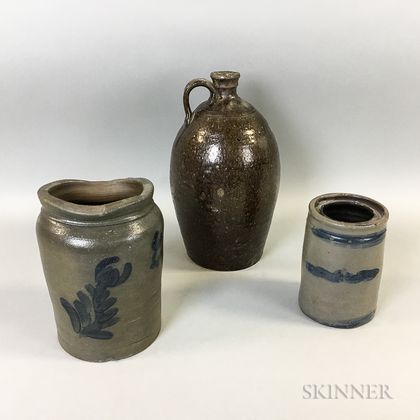 Two Cobalt-decorated Pennsylvania Stoneware Jars and a Jug