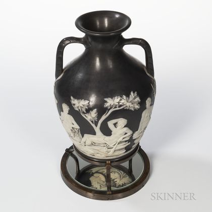 Wedgwood Bellows Polished Black Jasper Portland Vase and Stand