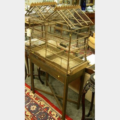 Asian Wood and Wire Double Birdcage on Stand. 