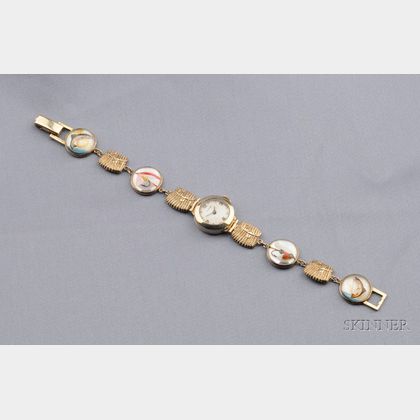14kt Gold, Reverse-painted Crystal Fishing Wristwatch