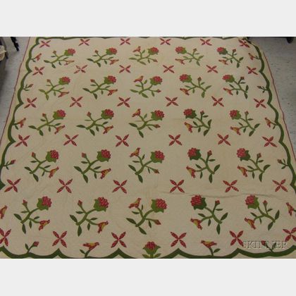 Hand-stitched Floral and Bird Applique Pattern Cotton Quilt. 