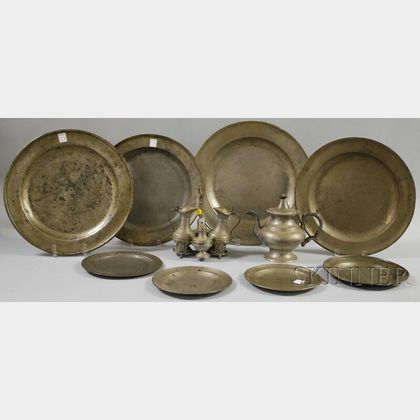 Four Pewter Chargers, a Teapot, Caster Set, and Four Plates