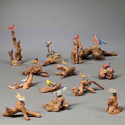 Fourteen Carved and Painted Songbird Figures
