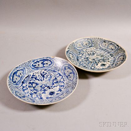 Two Blue and White Double Phoenix Swatow Dishes