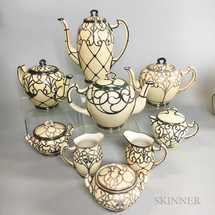 Nine Lenox and Belleek Silver Overlay Porcelain Teaware Items
