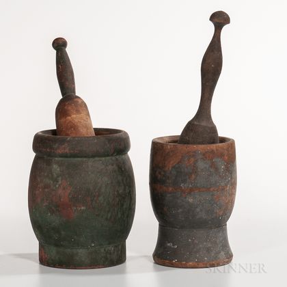 Two Turned and Painted Mortar and Pestles