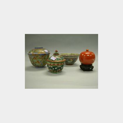 Three Chinese Decorated Porcelain Bowls two with Covers and a Lidded Jar. 
