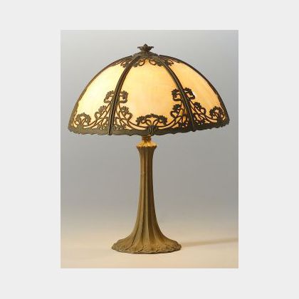 Slag Glass Metal Overlay Table Lamp