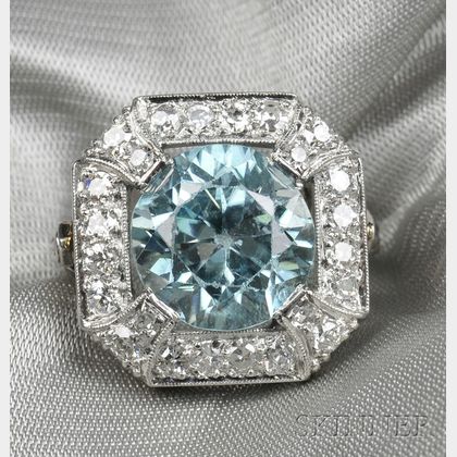 Platinum, Blue Zircon, and Diamond Ring