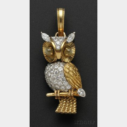 Diamond and Cat's-eye Chrysoberyl Owl Pendant/Brooch, Cartier