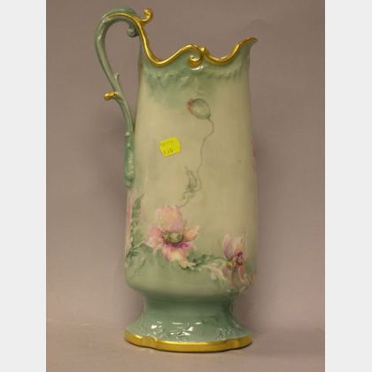 Late Victorian Handpainted Poppy Decorated Limoges Porcelain Pitcher. 