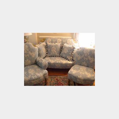 Three-Piece Victorian Carved Giltwood Light Blue and White Brocade Upholstered Parlor Suite