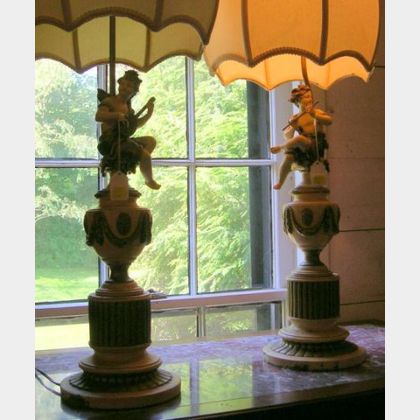Pair of Whimsical Crème Painted and Parcel-gilt Figural Table Lamps