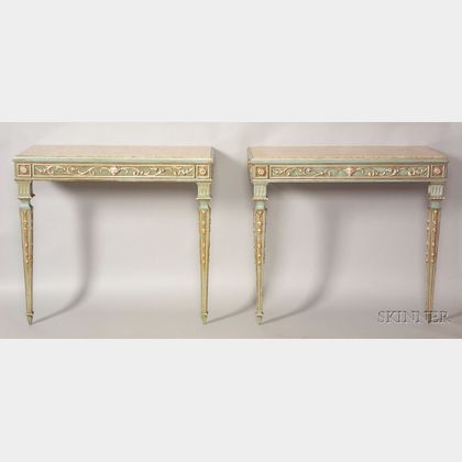 Pair of Louis XVI Style Painted and Parcel-gilt Marble-top Console Tables with Mirrors