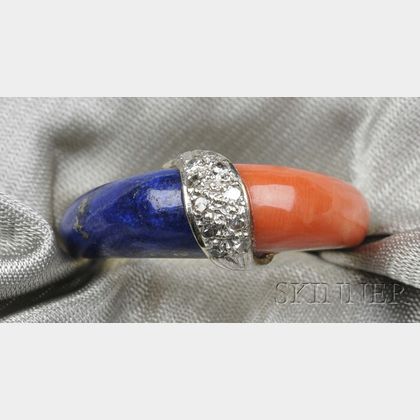 14kt Gold, Lapis, Coral, and Diamond Ring