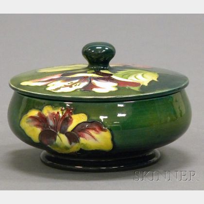 Moorcroft Pottery Hibiscus Pattern Footed Jar with Cover