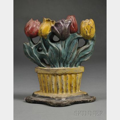 Polychrome Painted Cast Iron Pot of Tulips Doorstop
