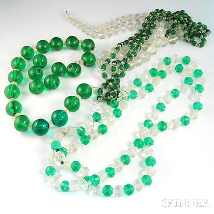 Group of Green and Colorless Glass and Crystal Beads