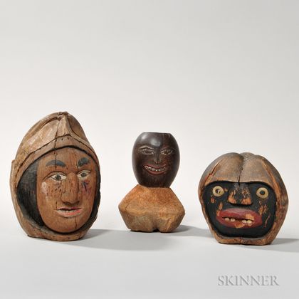 Three Carved and Polychrome-painted Coconut Heads
