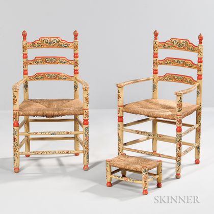 Pair of Tyrolean Painted Chairs and Footstool