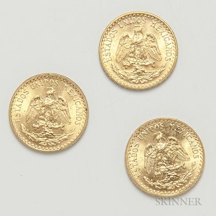 Three 1945 Mexican 2 Pesos Gold Coins