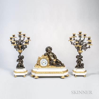 Three-piece Gilt and Patinated Bronze-mounted White Marble Clock Garniture