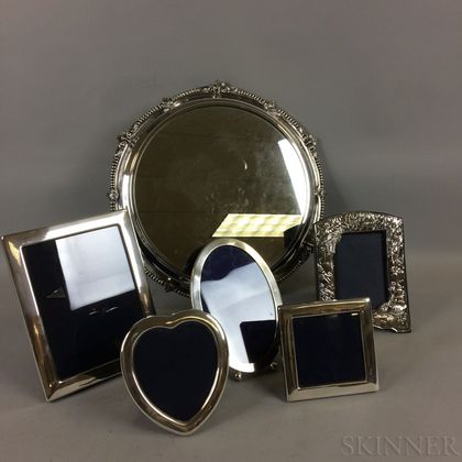 Five English Sterling Silver Frames and Silver-plate Plateau