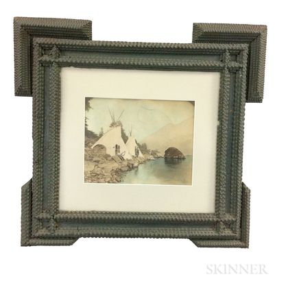 Painted Tramp Art Frame with Gifford Photograph Teepees on the Columbia, Oregon 