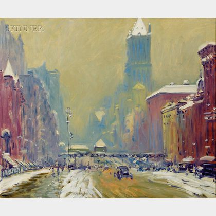 Arthur Clifton Goodwin (American, 1864-1929) City in Winter, Probably a View of the Third Avenue El, New York