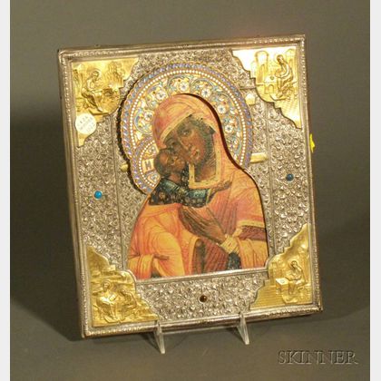 Russian Parcel Gilt Silverplate and Enamel Icon Riza