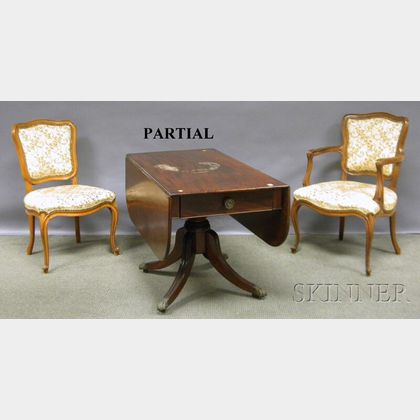 Late Classical Mahogany Drop-leaf Pedestal-base Dining Table and Four Louis XV-style Upholstered Carved Fruitwood Chairs