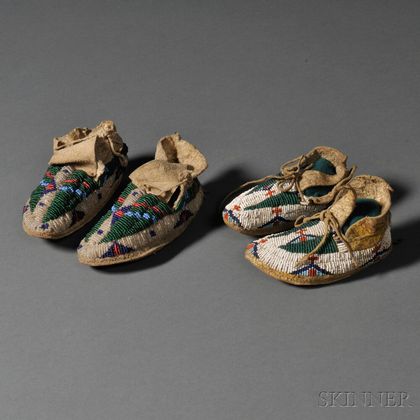 Two Pairs of Plains Beaded Hide Infant's Moccasins
