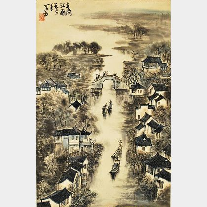 Hanging Scroll of a Village and River