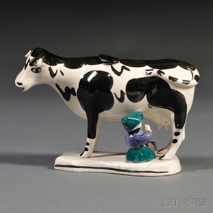 Pottery Cow Creamer with Milkmaid