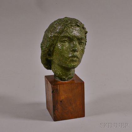 Patinated Bronze Head of Woman in a Beret on Wooden Base