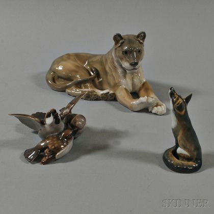 Royal Copenhagen Porcelain Lion and Fox Figures, and a Bing & Grondahl Bird Figure