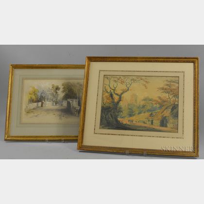 British School, 19th Century Two Framed Watercolor Landscapes: Woman Crossing a Stone Bridge